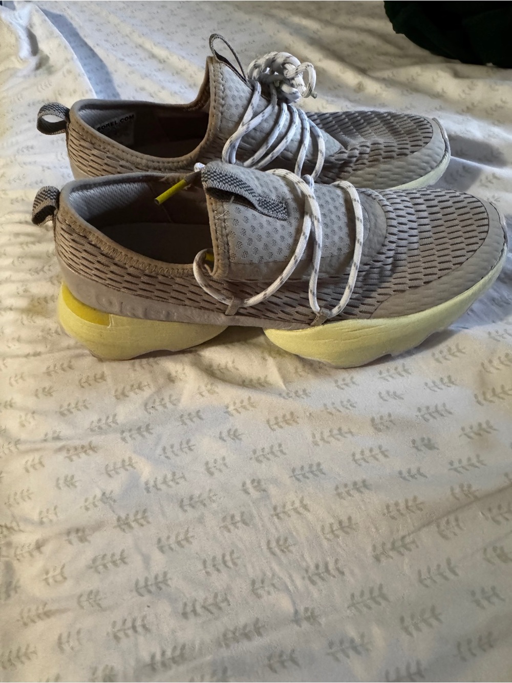 Sorel Light Gray Knit Slip-On Sneakers with Yellow Accent